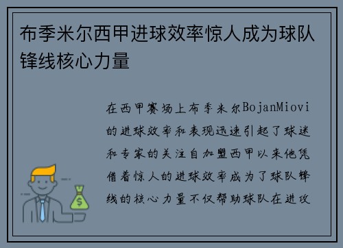 布季米尔西甲进球效率惊人成为球队锋线核心力量
